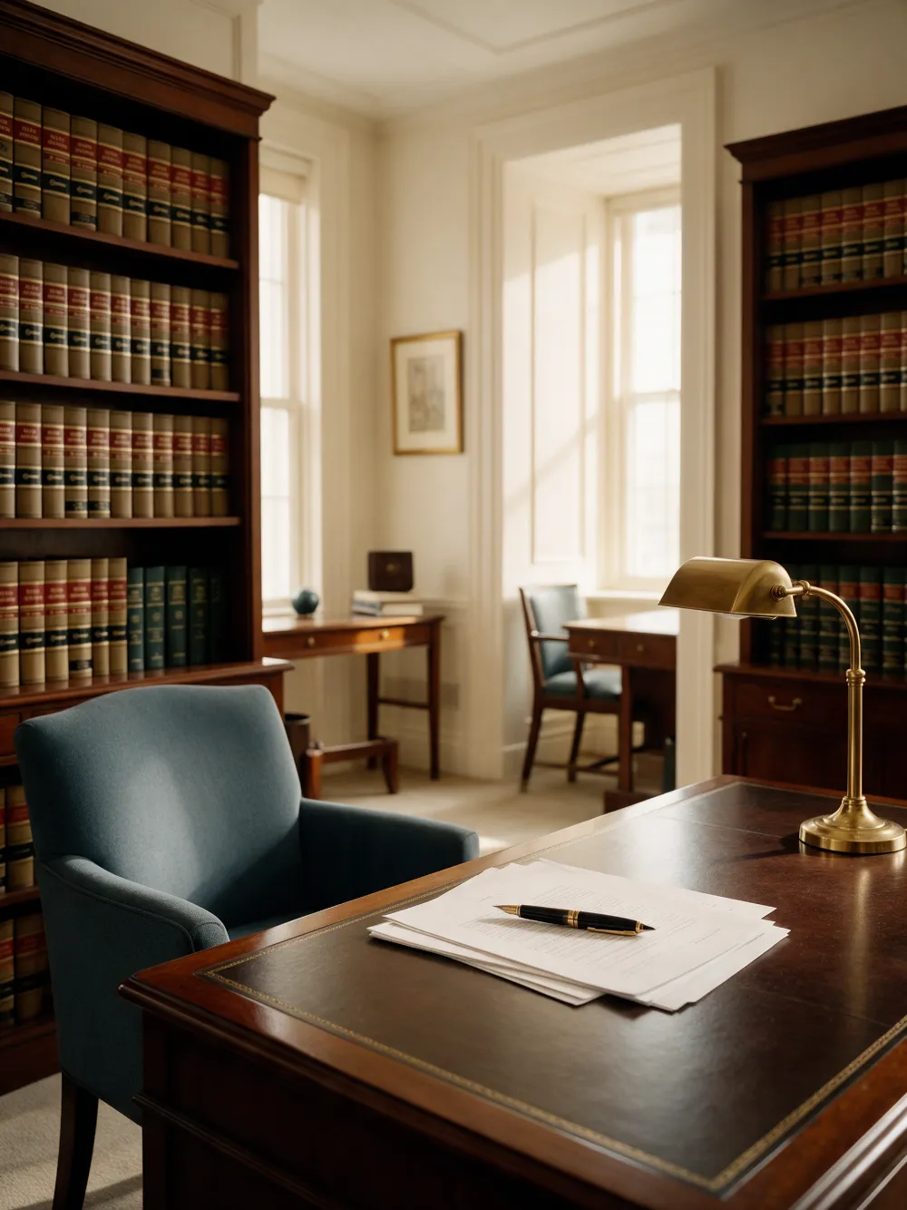 Escritório de advocacia com estante de livros